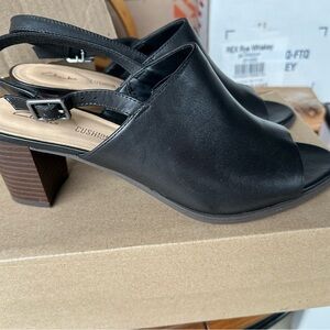 Clarks Black Leather Slingback Block Heel Sandals